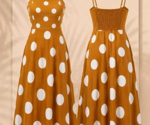 Elegant Mustard Polka Dot Spaghetti Strap Midi Dress | Women’s Casual Summer Dress