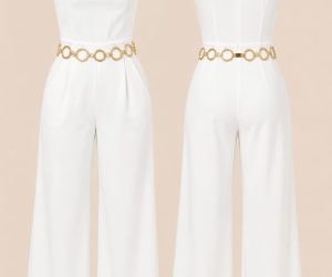 Elegant White High Neck Wide Leg Jumpsuit with Gold Chain Belt | Women’s Formal Jumpsuit