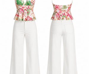 Women’s Floral Halter Peplum Top with White Wide Leg Pants | Elegant Summer Co-Ord Set